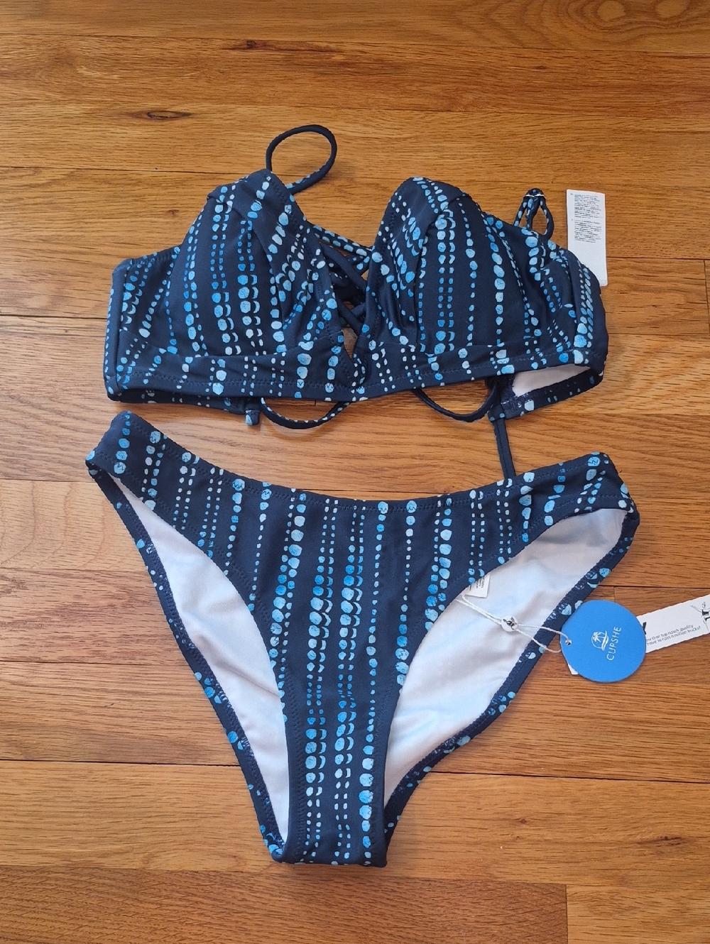 Cupshe Navy Bikini Set with Light Blue Dot Stripe Pattern